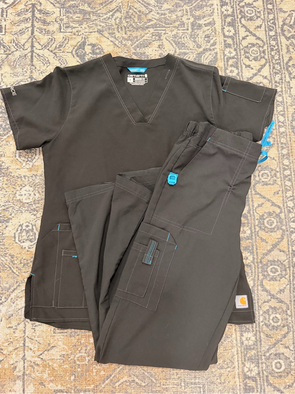Carhartt Black V-Neck Scrub Top with Teal Logo Tag